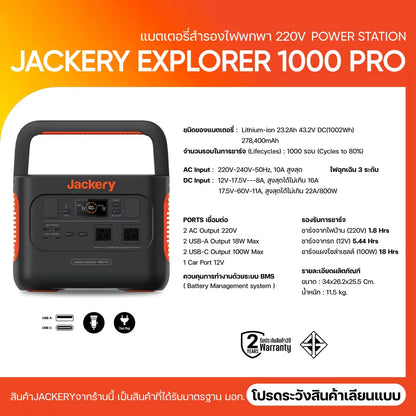 Jackery เครื่องสำรองไฟพกพา   Explorer 1000Pro แบตเตอรี่สำรองไฟฉุกเฉิน 220V 1000W/1002Wh 278400mAh Portable Power Station  แบตเตอรี่ Li-ion NMC